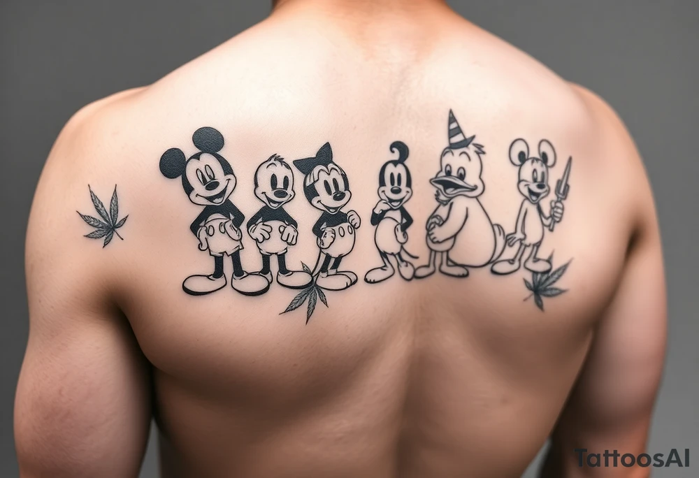 Randomly placed disney characters on an arm posing with marijuana leaves full arm sleeve tattoo idea