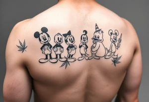 Randomly placed disney characters on an arm posing with marijuana leaves full arm sleeve tattoo idea