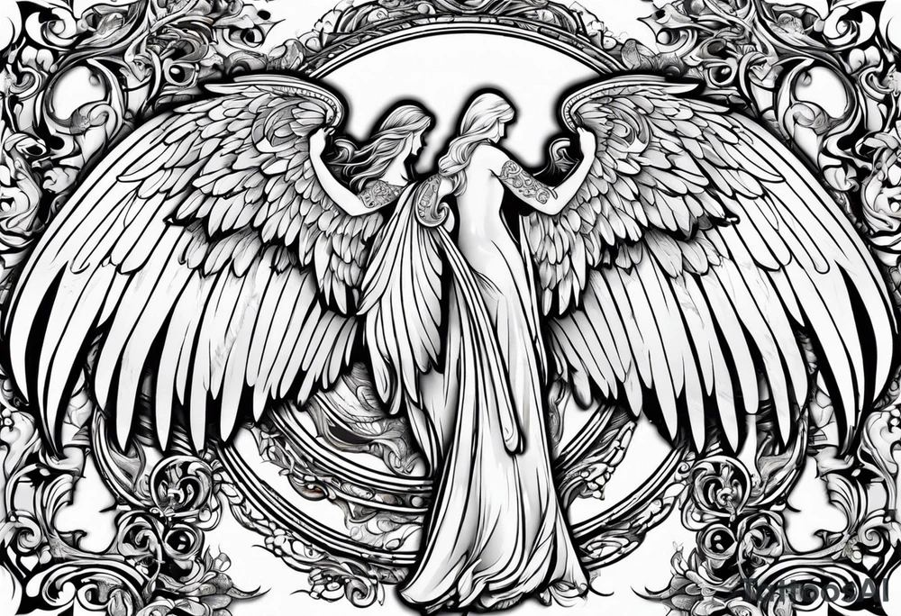 beautiful angel wings. with flilgree in the background tattoo idea