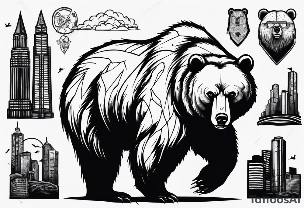 Serious bear coming up behind a city tattoo idea