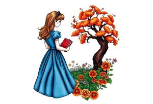 Alice (from Alice in wonderland) silhouette wearing a blue dress. Perspective from the back. She is caring a book, entering a garden with flowers and an orange tree tattoo idea