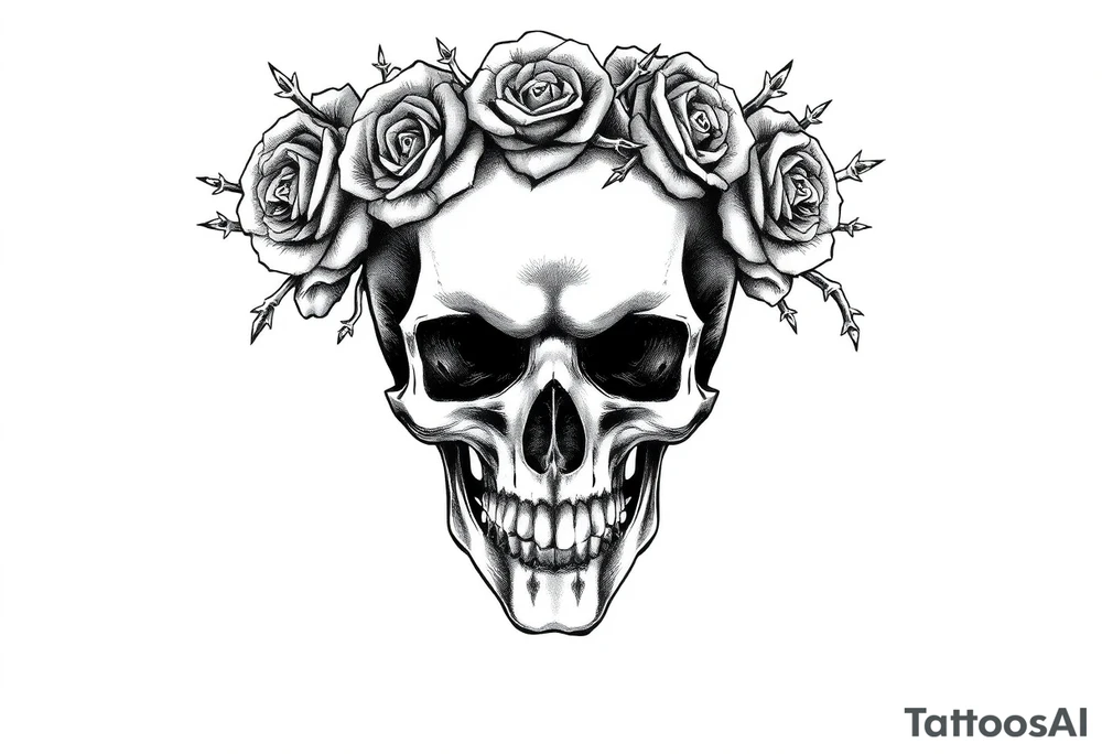 ornate skull adorned with crown of wild roses and thorns tattoo idea