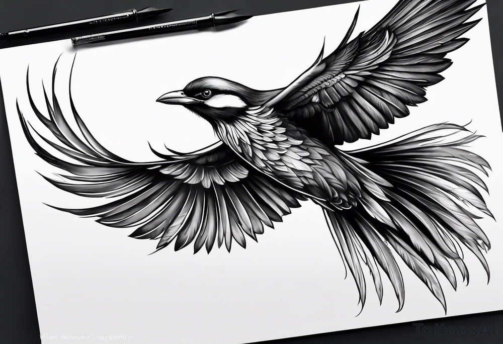 elegant long feathered bird in flight tattoo idea