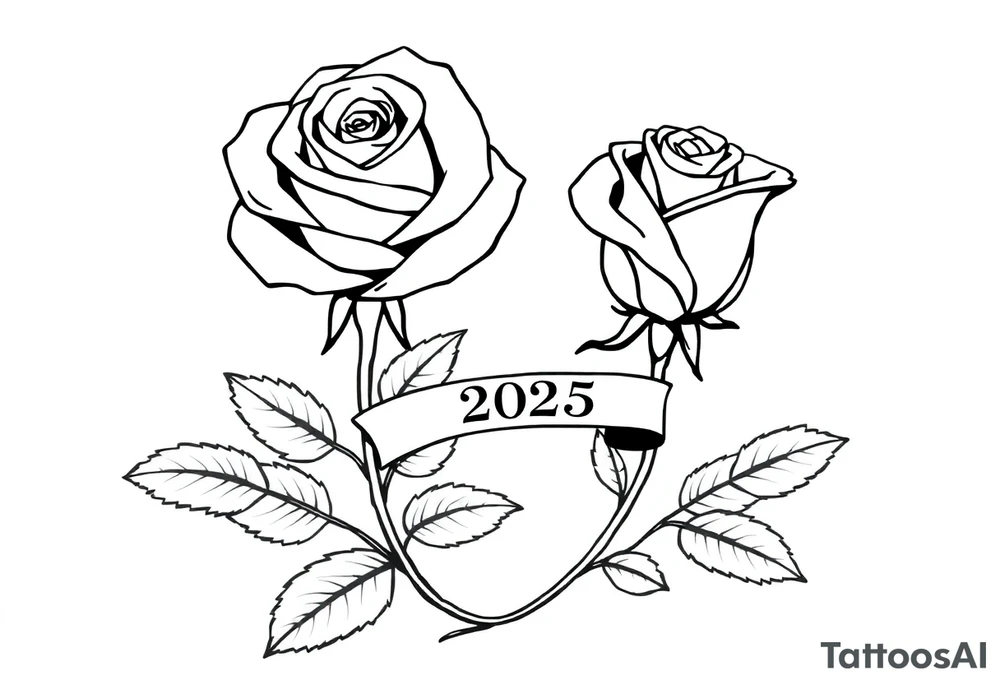 two beautiful large rose buds, one larger than the other, with many leaves next to the rose buds, with one sitting higher than the other. Include a banner connecting the two roses with the year "2025" on it.   Use dark outlines with little shading. The two stems should be short, not long, and connect and join into one stem, whimsically curved or twisted - not straight down. tattoo idea
