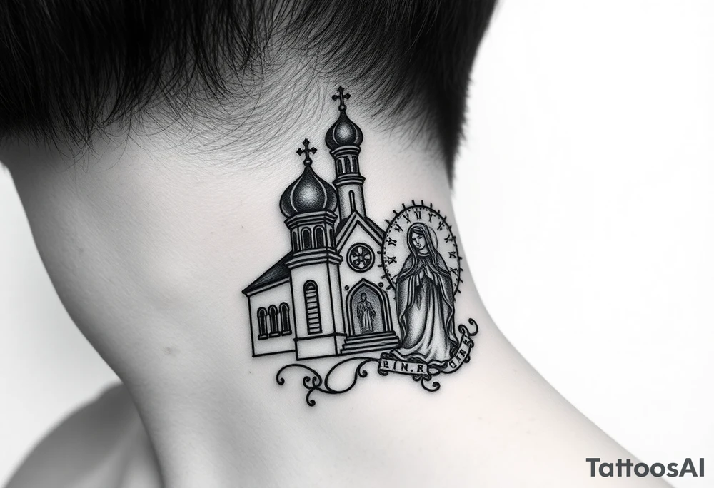 medium traditional russian orthodox church with russian coat arms and virgin mary on the side of your neck tattoo idea
