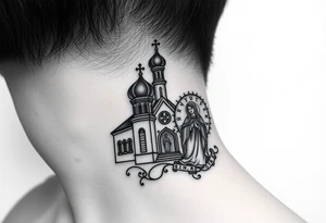 medium traditional russian orthodox church with russian coat arms and virgin mary on the side of your neck tattoo idea