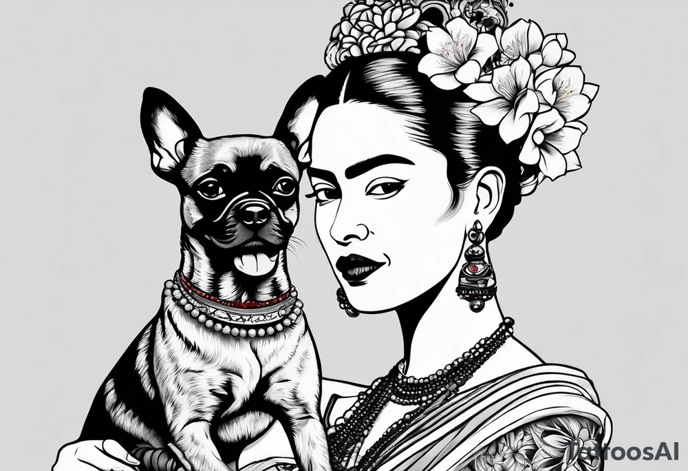 Frida khalo smoking a hookah while carrying a puppy dog tattoo idea