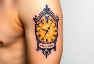 A timeless grandfather clock with delicate engravings, with the birth time and date "02. 03. 2020" and name "Oskar" - glowing in soft golden light, in warm sepia and gold hues tattoo idea