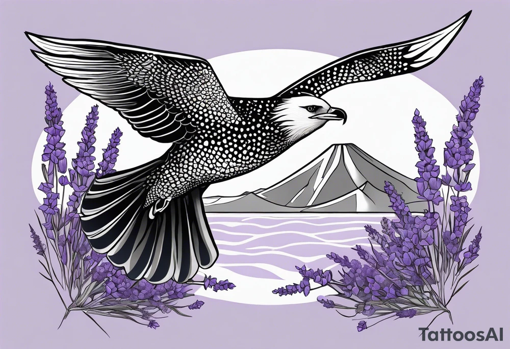 Eagle, with spotted eagle ray and lavender flowers eith the year 1978-2022 tattoo idea