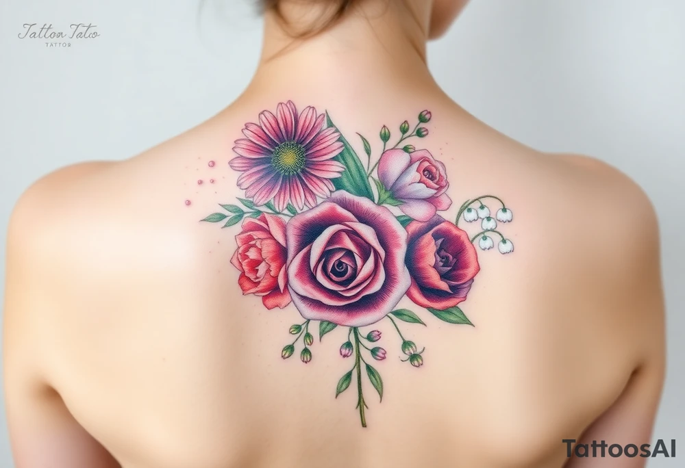 Bouquet of flowers starting upper middle back with stems down spine with a aster, carnation, rose, Lily of the valley, larkspur with stems Starting upper middle back to right shoulder tattoo idea