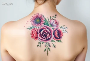 Bouquet of flowers starting upper middle back with stems down spine with a aster, carnation, rose, Lily of the valley, larkspur with stems Starting upper middle back to right shoulder tattoo idea