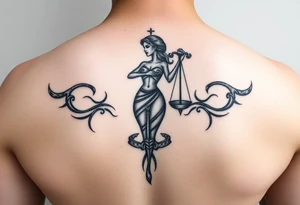 El cuerpo completo del símbolo femenino de libra le suben rodeando dos escorpiones tattoo idea