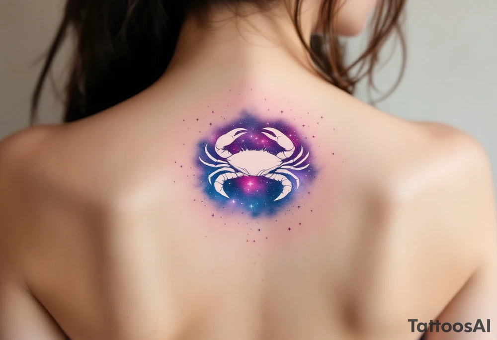 A pale crab silhouette floats within an ethereal pink and violet galaxy containing the Cancer stars constellation. tattoo idea