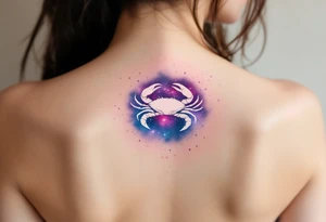 A pale crab silhouette floats within an ethereal pink and violet galaxy containing the Cancer stars constellation. tattoo idea