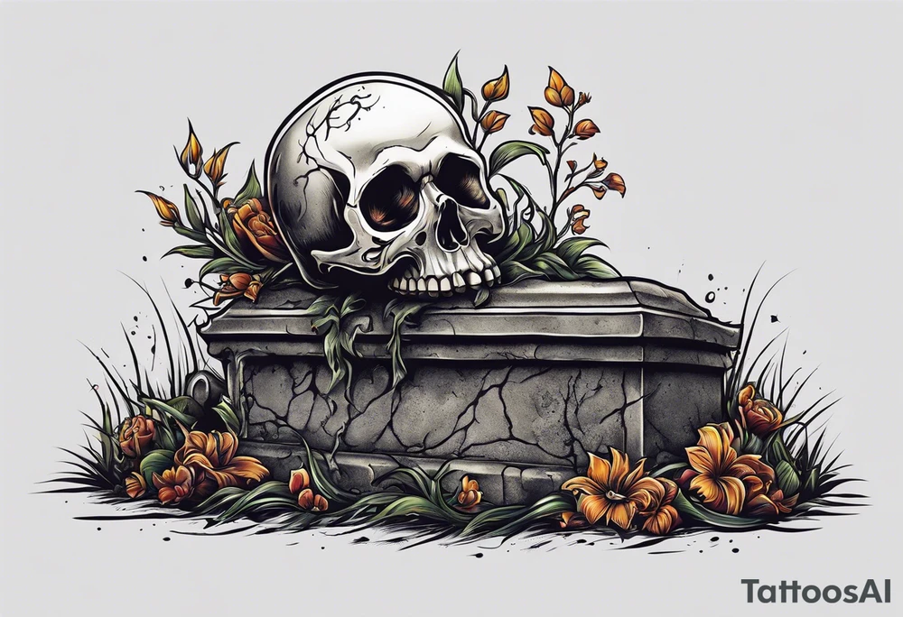 Skeleton crawling out of grave. 
MIW Reincarnate written on gravestone tattoo idea