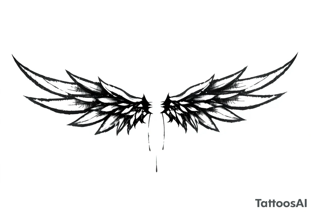 This tattoo design features a pair of stylized wings drawn in black ink with a sketch-like, abstract aesthetic. The wings are composed of sharp, angular feathers with jagged edges, giving them a rough, almost tribal or gothic appearance. The shading is done with a mix of soft gradients and stippling, adding depth and texture to the design. The center where the wings meet is fragmented, with thin lines extending downward, creating a sense of movement and raw energy. This design would make for a bold and edgy tattoo, symbolizing freedom, strength, or a rebellious spirit. tattoo idea
