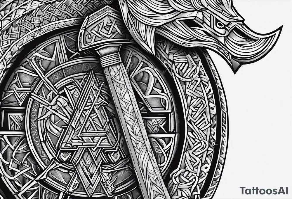 Valhalla sword shield axe Valknut tattoo idea