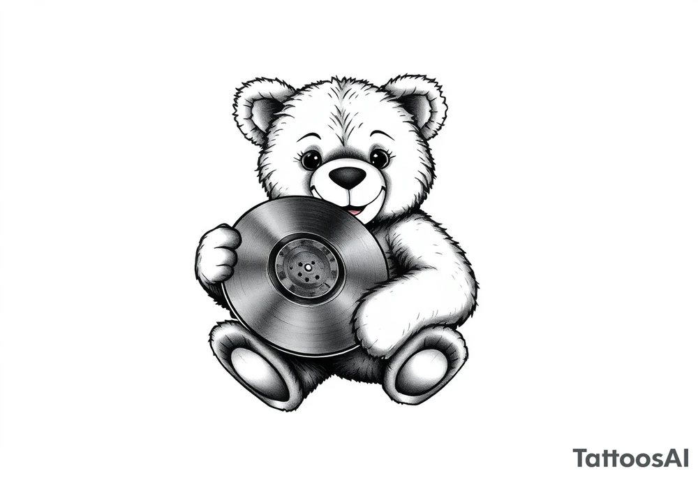 smiling teddy bear holding a vinyl record tattoo idea