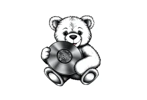 smiling teddy bear holding a vinyl record tattoo idea