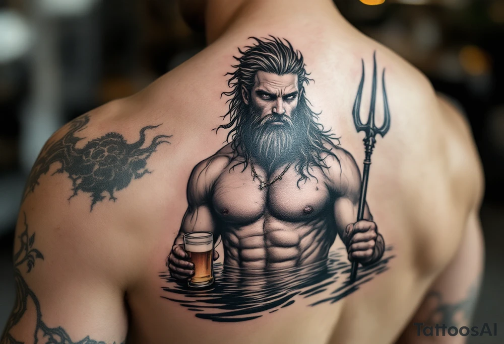 young, fit poseidon in calm water, holding a trident, holding a beer, wink tattoo idea