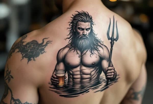 young, fit poseidon in calm water, holding a trident, holding a beer, wink tattoo idea
