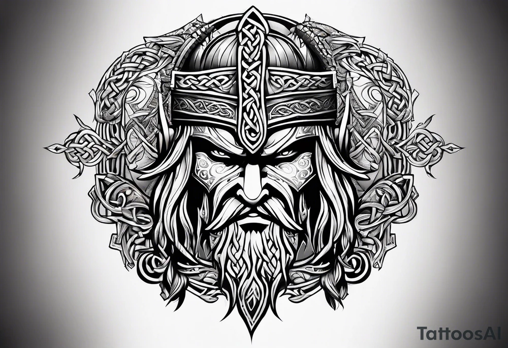 Side profile wide shot of Celtic warrior weapons unsheathed tattoo idea