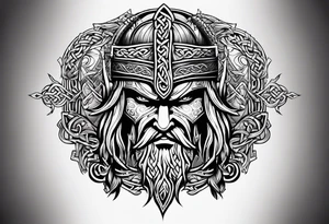 Side profile wide shot of Celtic warrior weapons unsheathed tattoo idea