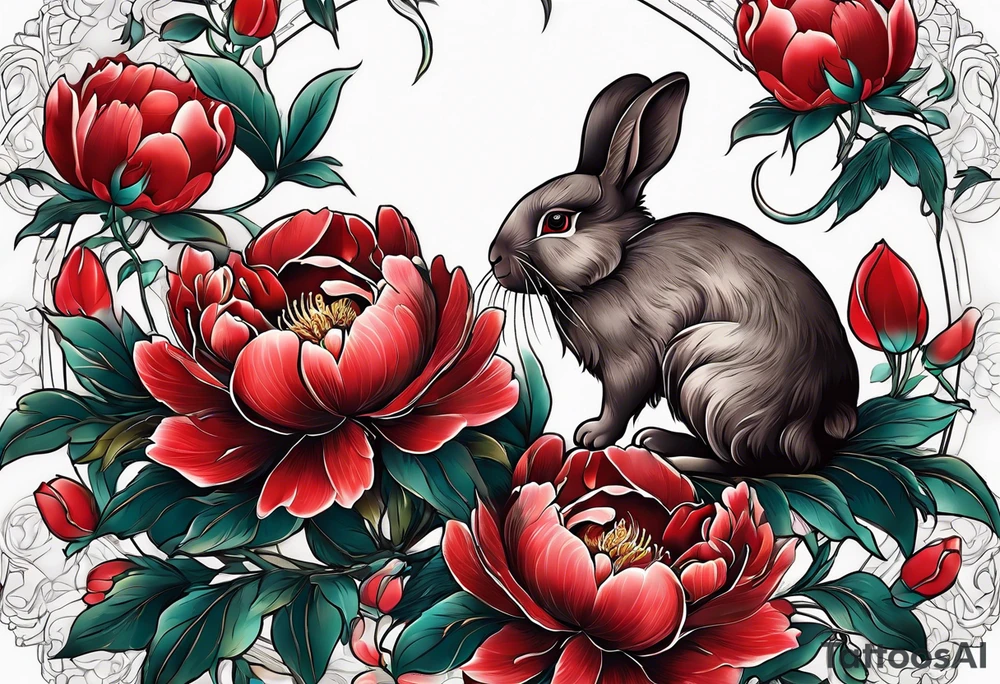 Red peony with hanging pearls and rabbit tattoo idea