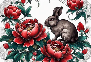 Red peony with hanging pearls and rabbit tattoo idea