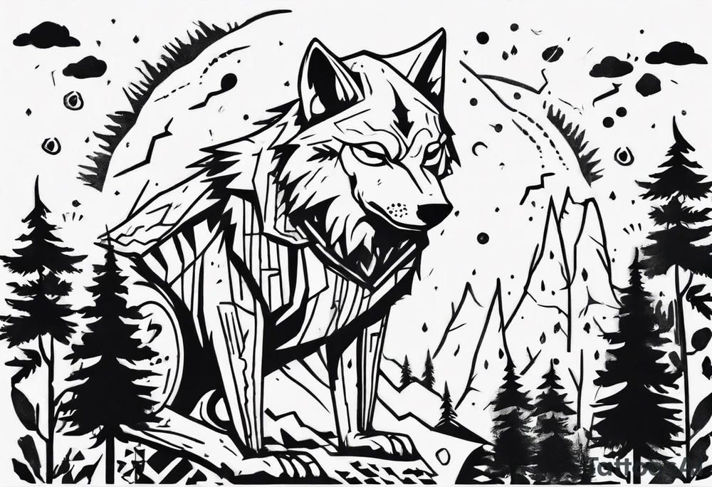 thunderstorm over a forest with a wolf howling on drums tattoo idea thunderstorm over a forest with a wolf howling on drums tattoo idea