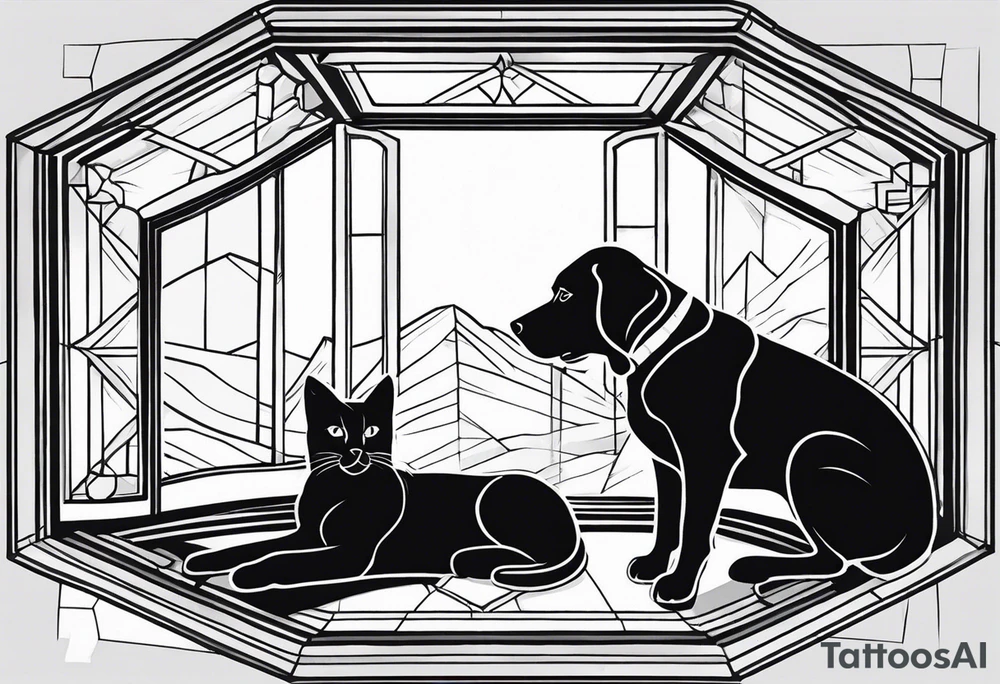 dog and cat sitting on floor and looking out octagonal window together tattoo idea