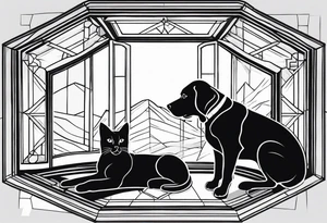 dog and cat sitting on floor and looking out octagonal window together tattoo idea