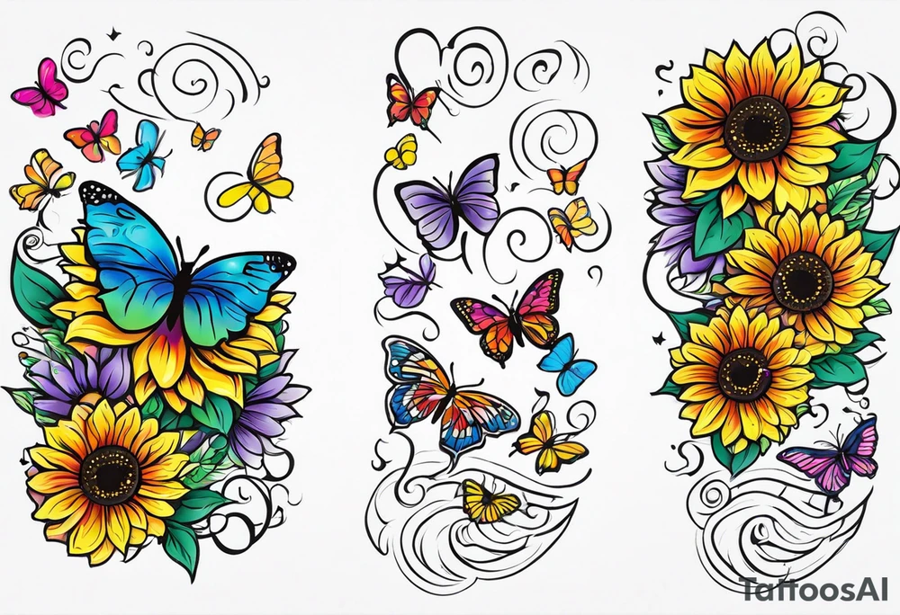 Memorial arm sleeve for mom with rainbow sunflowers and butterflies tattoo idea