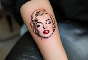 A minimalist outline of Marilyn’s face with golden hair accents and cherry red lips. tattoo idea