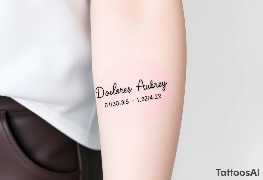 Memorial tattoo
Dolores 08/30/33-01/30-22
Audrey 07/18/35-08/21/22 tattoo idea