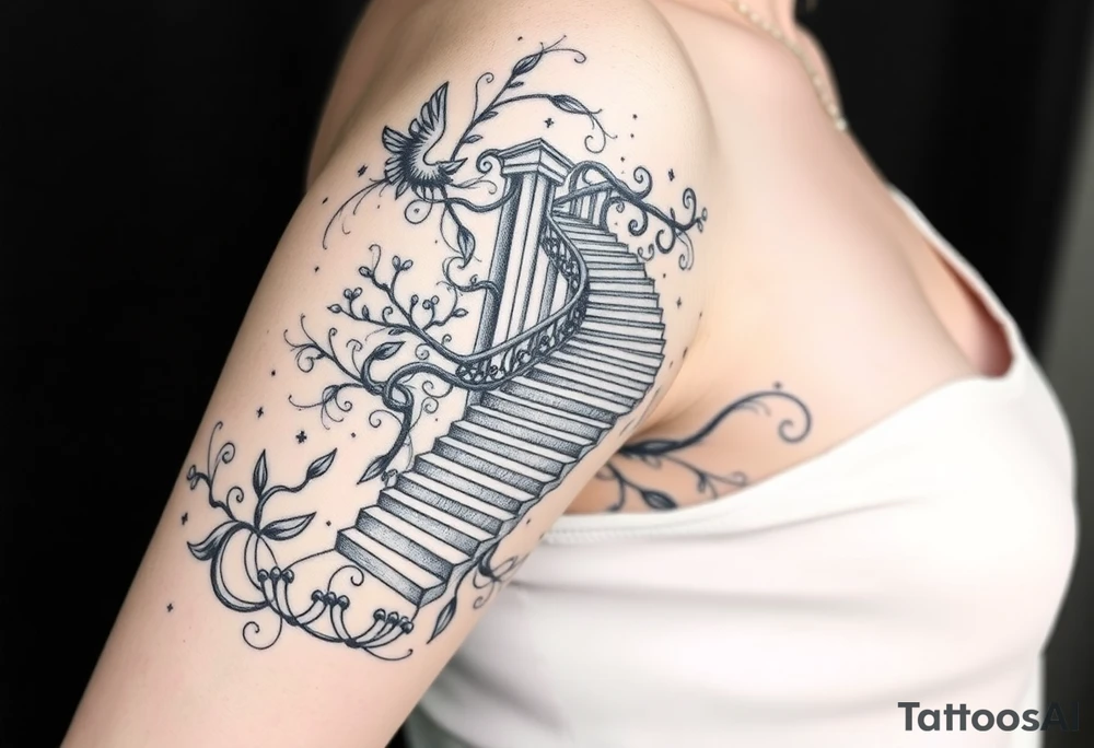 Black and grey sleeve of a labrynth of stairs tattoo idea
