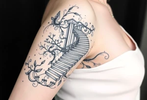 Black and grey sleeve of a labrynth of stairs tattoo idea