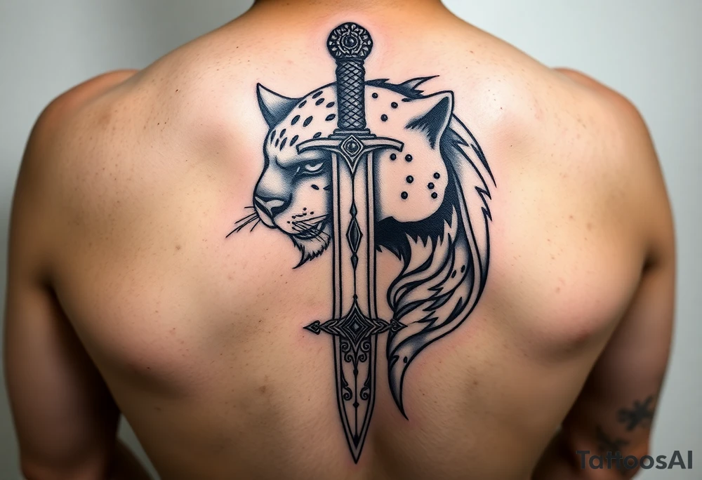 mystical panther around an ancient dagger with jeweled hilt tattoo idea