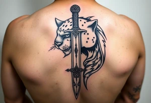 mystical panther around an ancient dagger with jeweled hilt tattoo idea