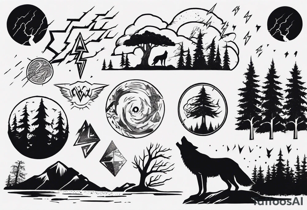 a thunder and lightning storm over a forest with a distant wolf howling and a drums tattoo idea a thunder and lightning storm over a forest with a distant wolf howling and a drums tattoo idea