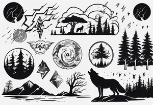 a thunder and lightning storm over a forest with a distant wolf howling and a drums tattoo idea
