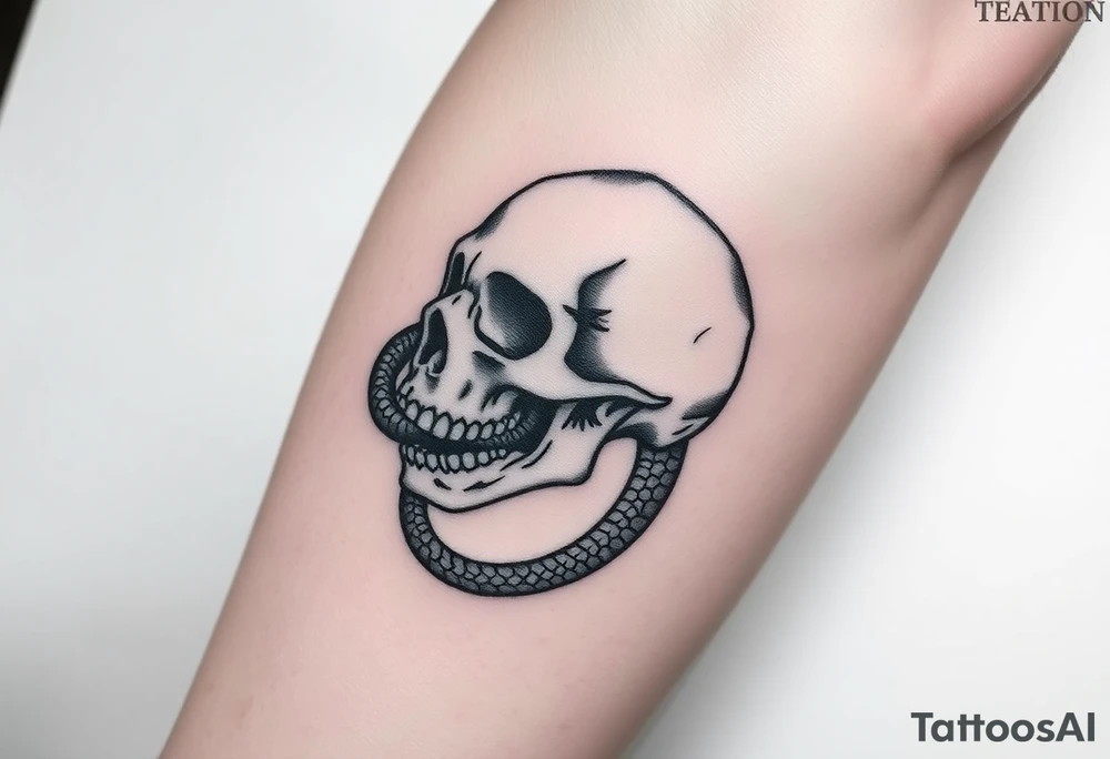 A hyper-realistic Dark Mark, with the snake slithering out of the skull’s mouth, coiled in a hypnotic pose tattoo idea