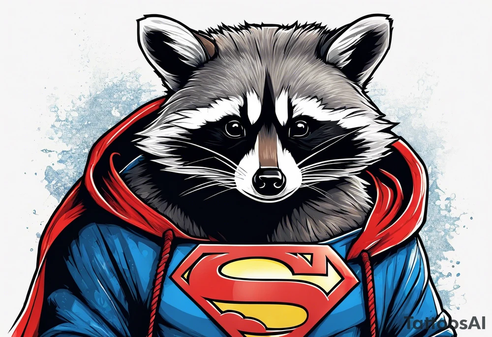 raccoon wearing a Superman hoodie tattoo idea