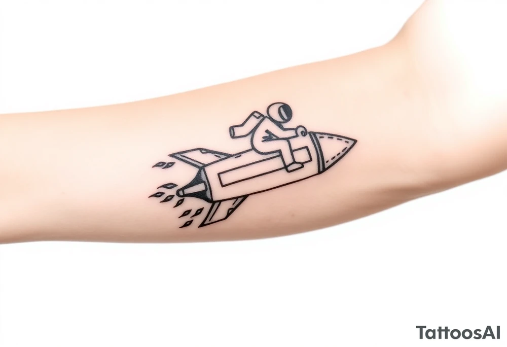rocket ship with duct tape and sparks coming out the back  with astronaut riding it tattoo idea