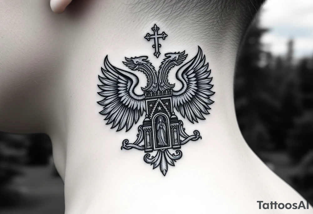 russian coat of arms double headed eagle traditional christian orthodox cross with a virgin mary stood in the entrance of a russian orthodox dome church on the side of the neck in a wilderness setting tattoo idea