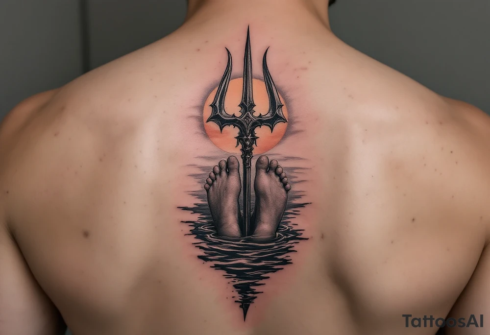 barefeet behind trident with water and sunset tattoo idea