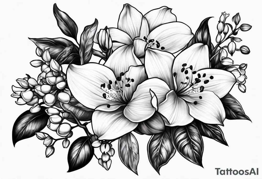 Rose, orchid, lily of the valley, dog wood flowers tattoo idea