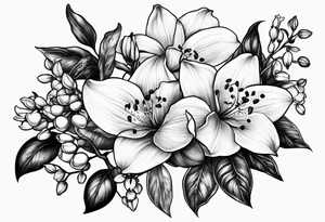 Rose, orchid, lily of the valley, dog wood flowers tattoo idea