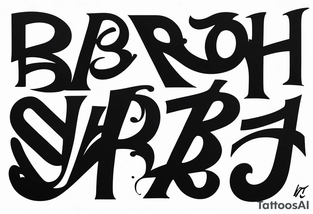 Asymmetrical flip script batch of letters in graffiti and calligraphy styles. I want a B that can be doubled as an upside-down S. I want R and E, A and N, N and A, D and H, Y and S tattoo idea