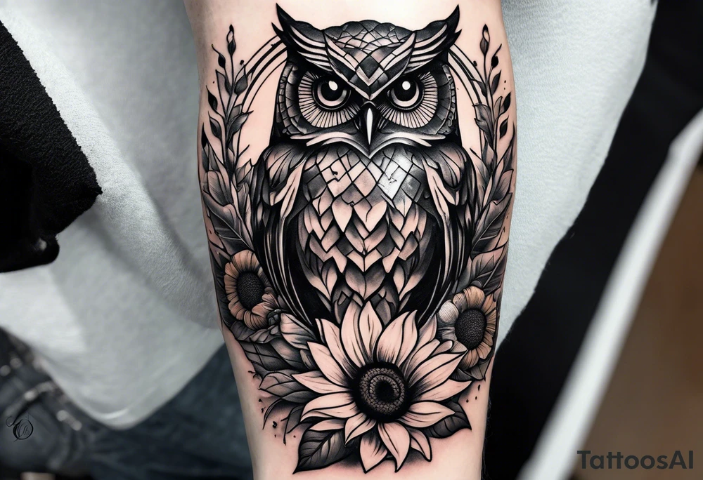 Sunflower forearm tattoo with owl, and light house tattoo idea